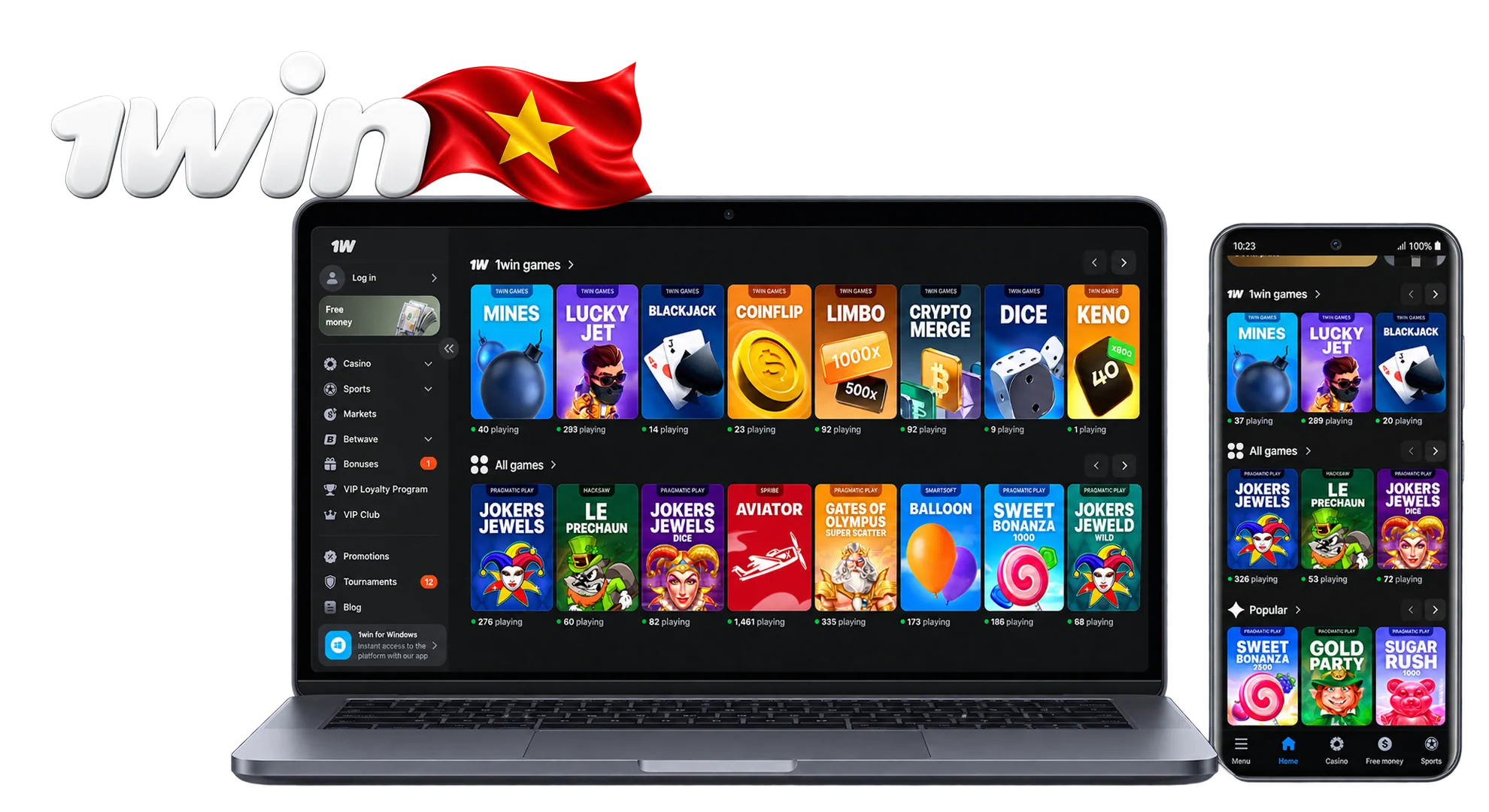 1win Vietnam online casino interface showing 13500+ games from 110+ providers like Pragmatic Play and PG Soft