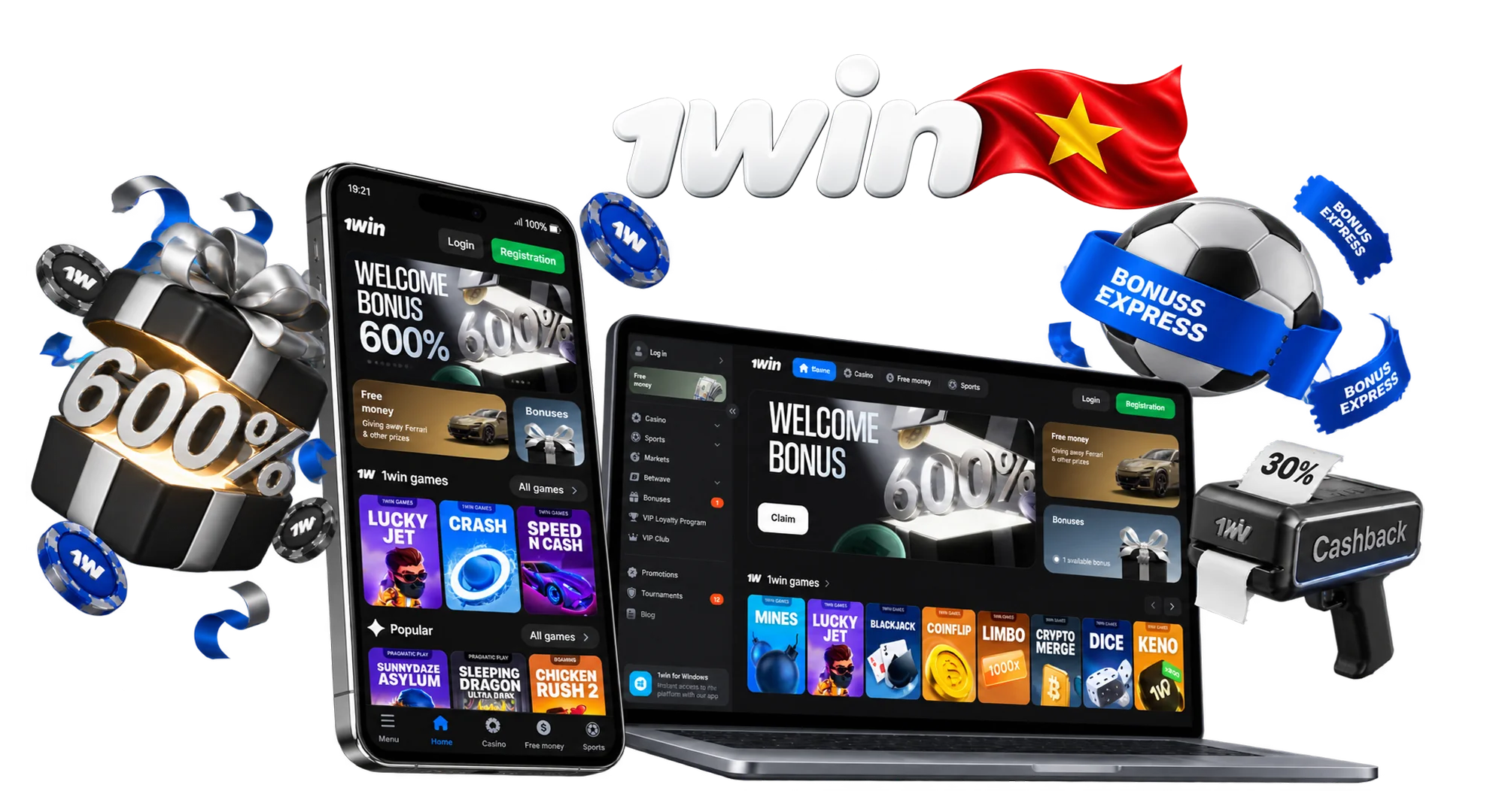 1win Vietnam welcome bonus table showing 500% fiat and 600% crypto deposit match for new players in VND