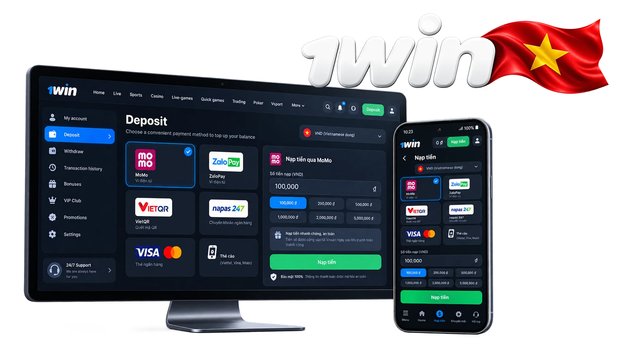 1win Vietnam fast and secure deposit methods interface showing MoMo ZaloPay and local bank transfers in VND