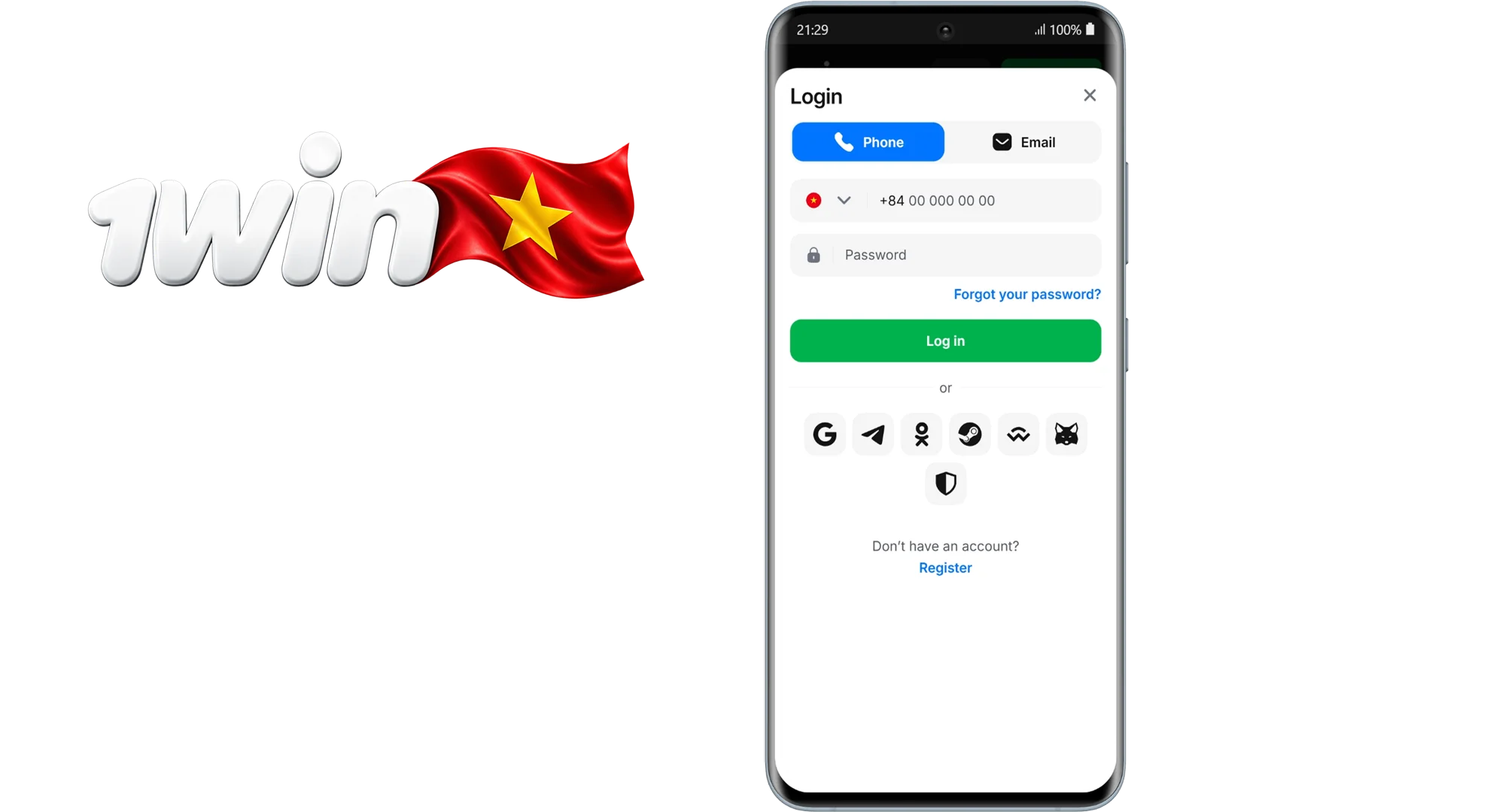 1win Vietnam login interface showing secure account access via phone email or crypto wallet for betting in VND