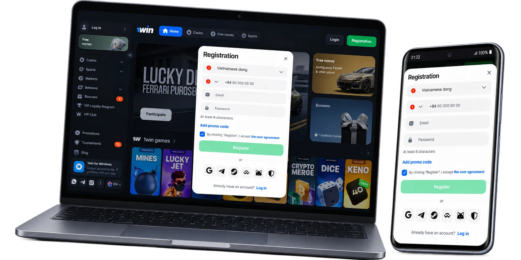 1win Vietnam registration form showing fast 60-second account creation for casino and sports betting in VND