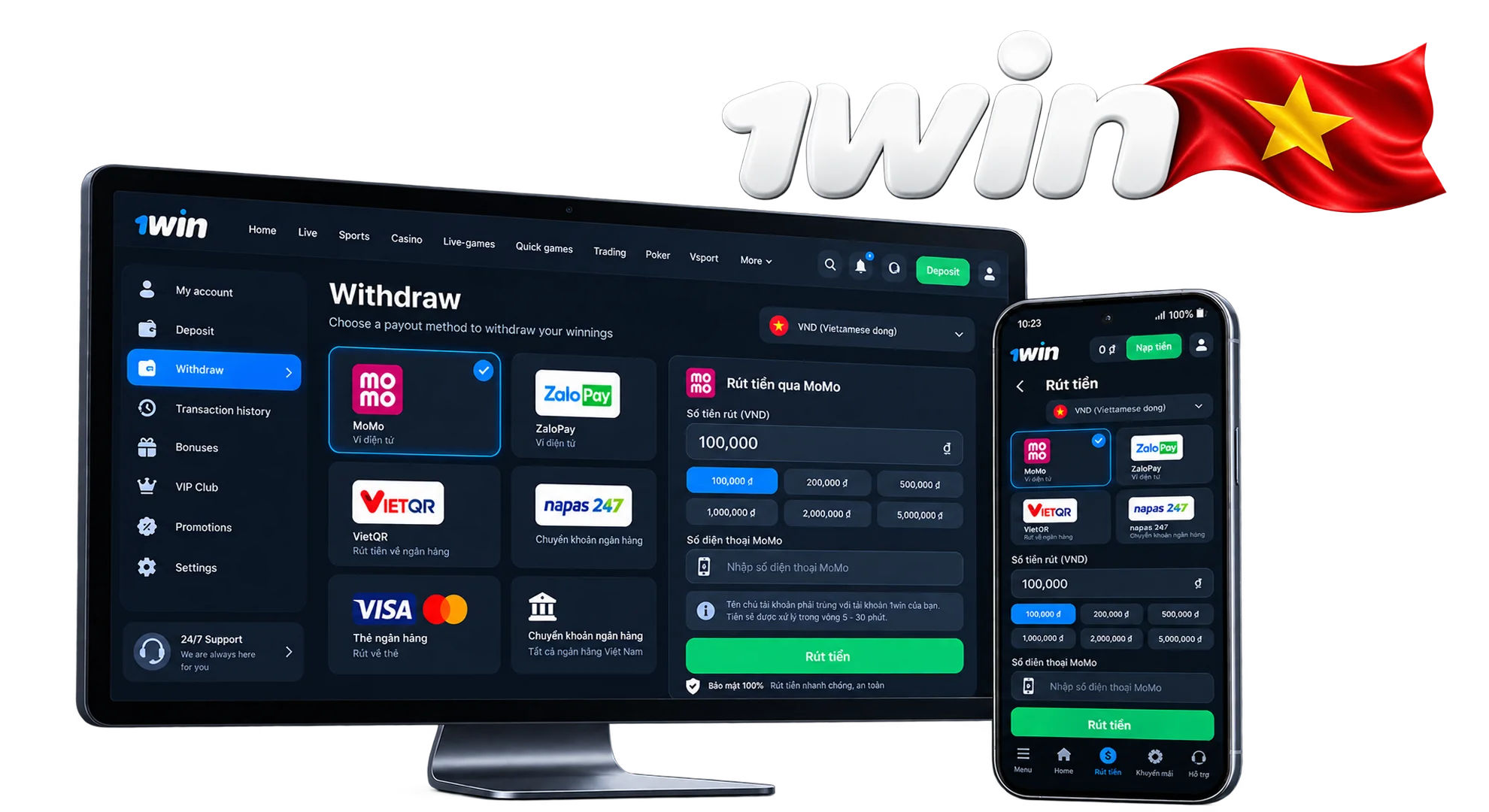 1win Vietnam fast and secure withdrawal interface showing VND cashout options via MoMo ZaloPay and crypto